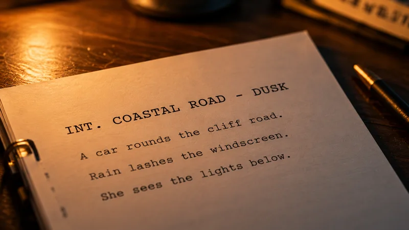 A screenplay on an amber-lit desk